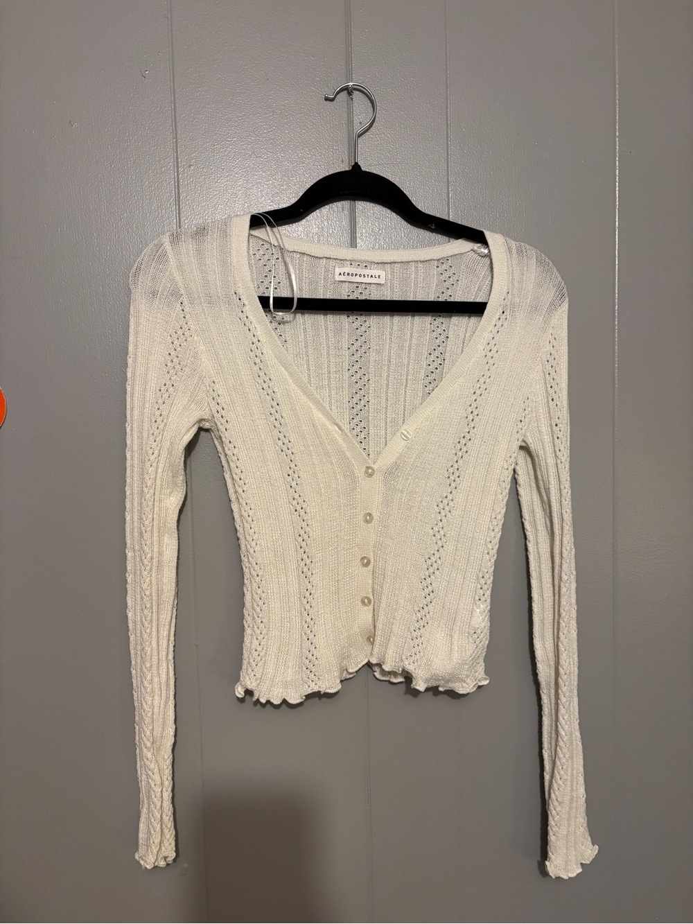 Anthropologie Cream Open-Knit Button Front Long Sleeve Top